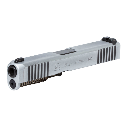 Glock 19 Gen 5 Bright Nickel Battle Worn Upper Slide Assembly Night Sights