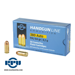 PPU Handgun 380 ACP 94 GR FMJ Ammo